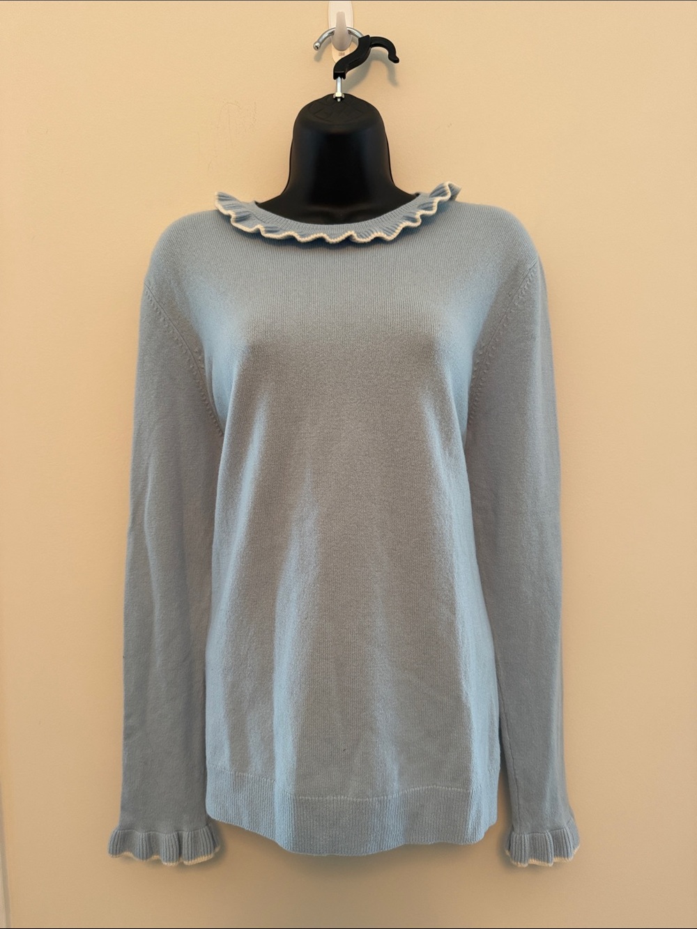 Light Blue Ruffle-Trim Knit Sweater - Women's Top